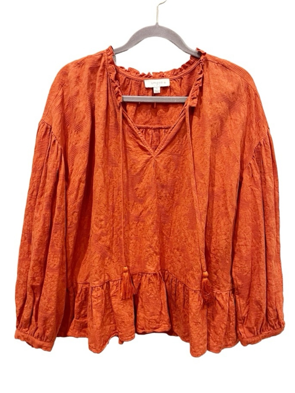 Umgee Bohemian Peasant Blouse Women's 1X Orange Tassel Boho Balloon Sleeve Fairy